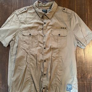 Buffalo David Bitton Tan Cargo Military Style Snap-Up Shirt Jacket - Large